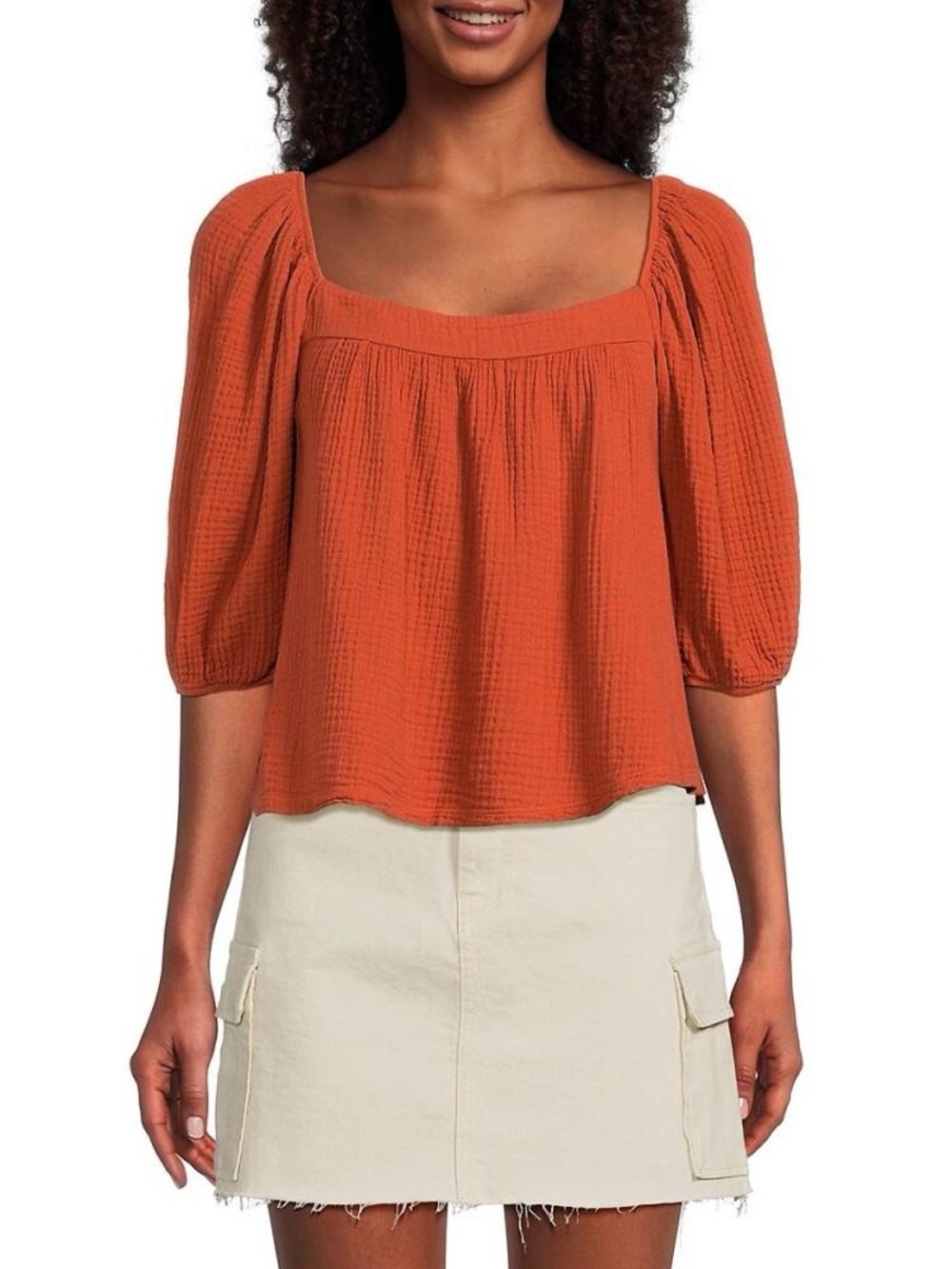 Nation LTD Ollie Sweepy Puff Sleeve Top Orange Rust Cotton